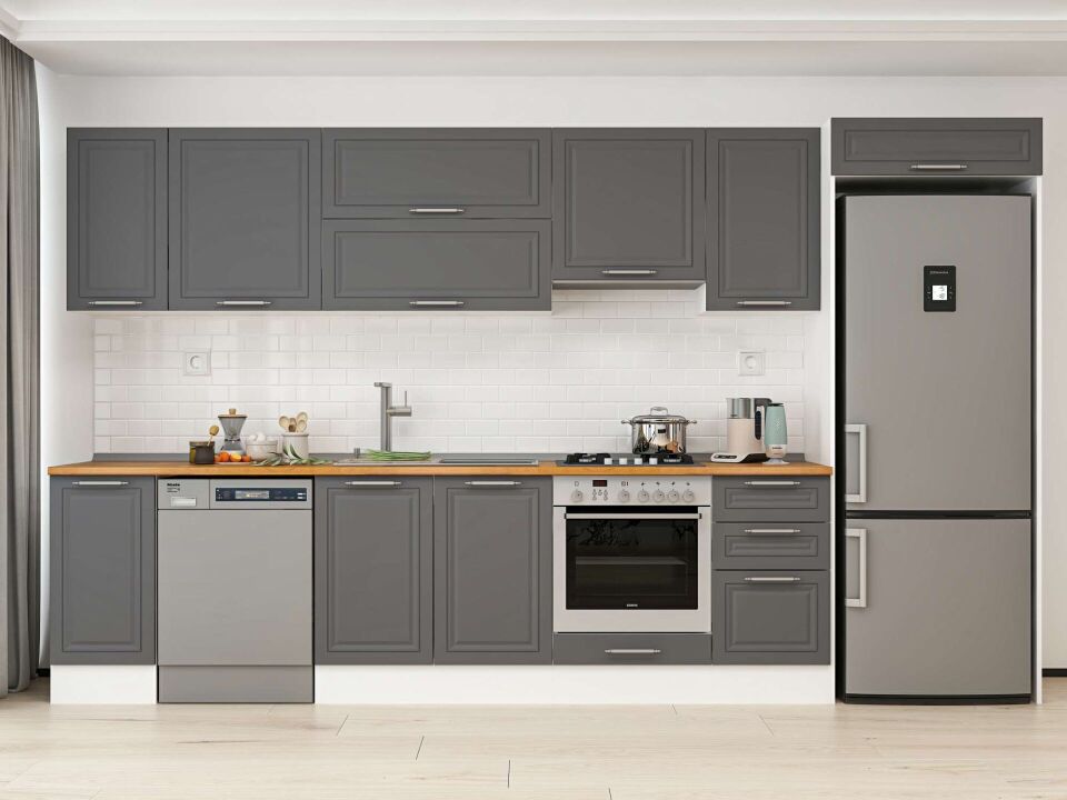 Alvinka 375X222 Cm Klasik Mebran Mutfak Dolabı Mb-E90S40S45-1 Mebran | Antrasit - Mdf