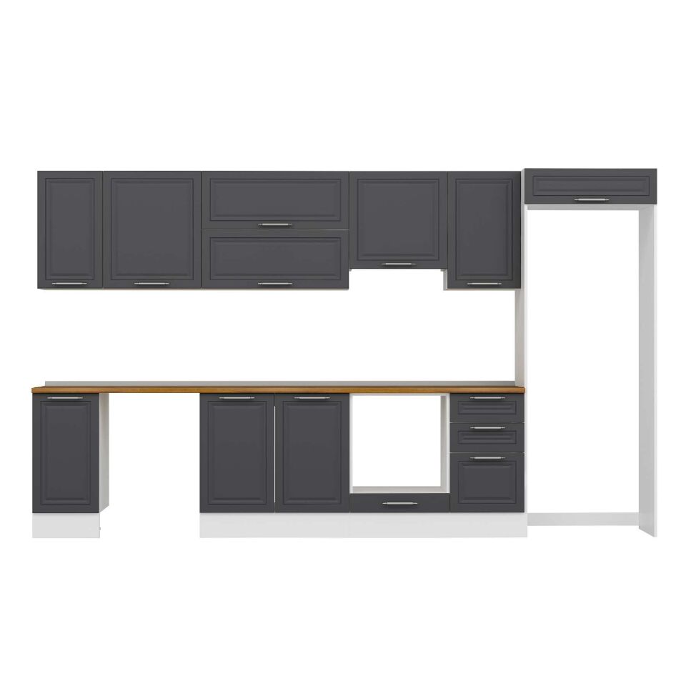 Alvinka 375X222 Cm Klasik Mebran Mutfak Dolabı Mb-E90S40S45-1 Mebran | Antrasit - Mdf