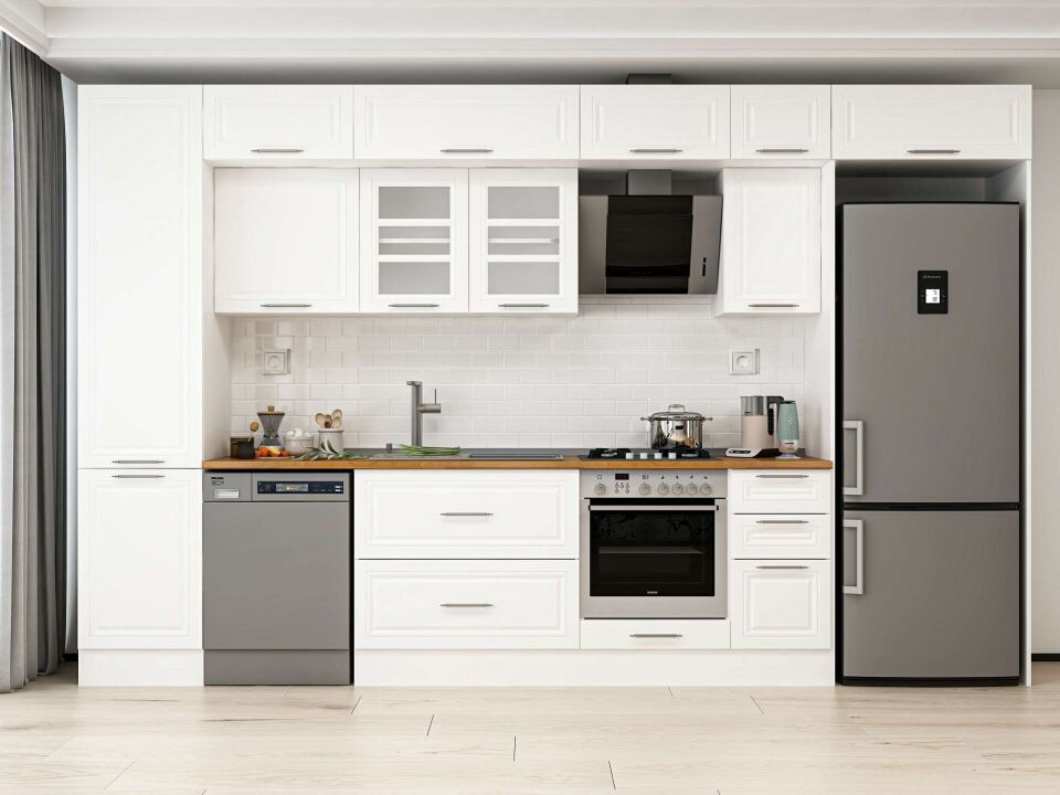 Alvinka 370X240 Cm Klasik Mebran Mutfak Dolabı Mbb-E80B50S40-3 Mebran | Beyaz - Mdf