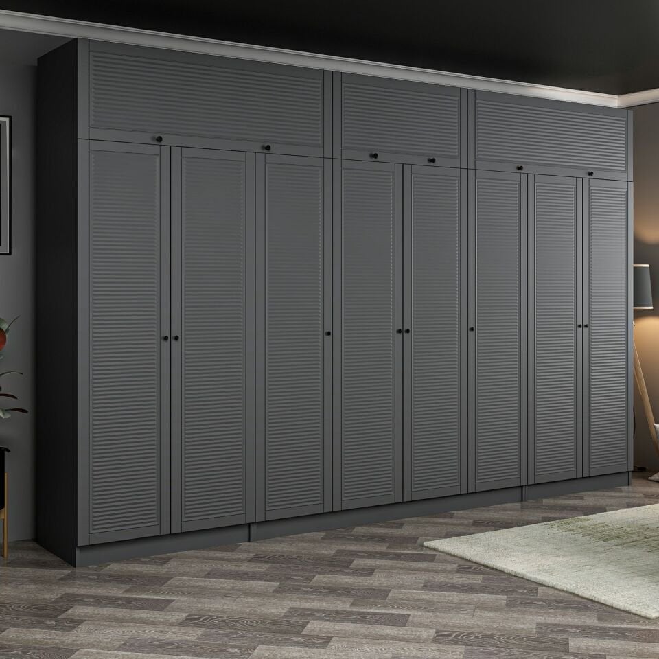 Kale 8 Mebran Panjur Kapaklı 2 Çekmeceli Dolap Ve Yüklük Antrasit 255CM