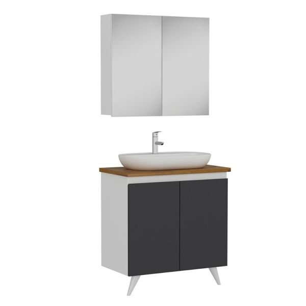 Minar Banyo Dolabı 85Cm Ay2K+2K2A+Tzg Beyaz Düz Antrasit Kapak