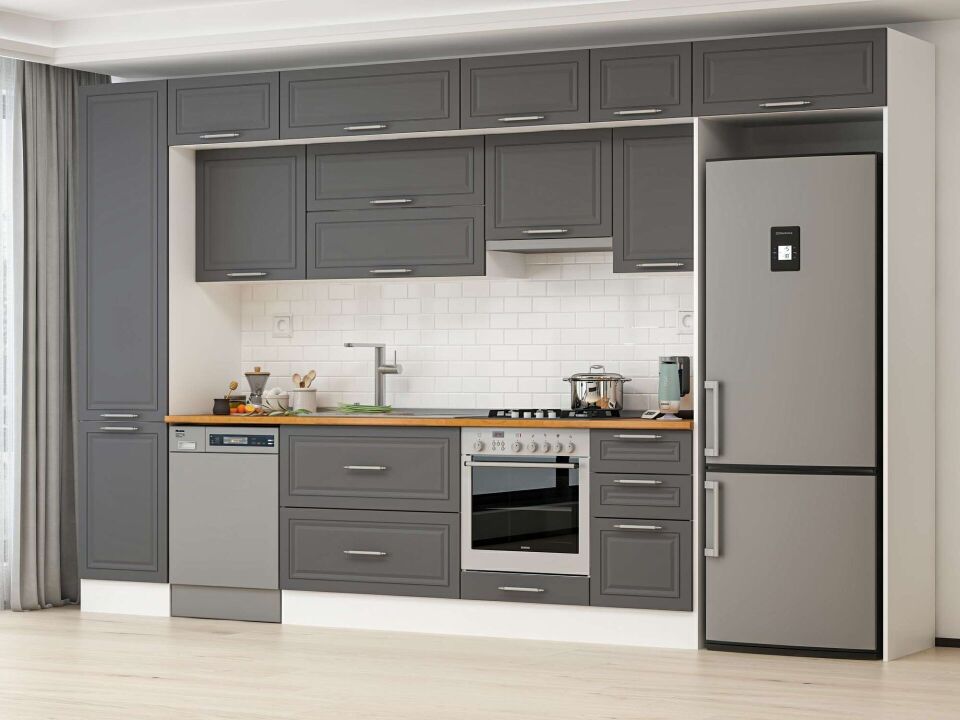 Alvinka 375X240 Cm Klasik Mebran Mutfak Dolabı Mbb-E80B50S45-1 Mebran | Antrasit - Suntalam