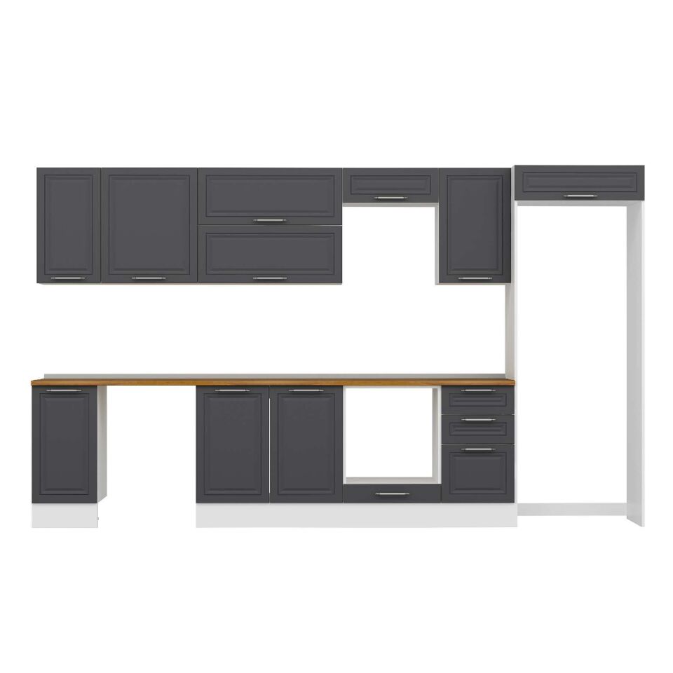 Alvinka 375X222 Cm Klasik Mebran Mutfak Dolabı Mb-E90S40S45-2 Mebran | Antrasit - Mdf