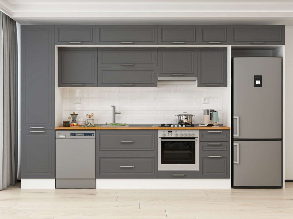 Alvinka 375X240 Cm Klasik Mebran Mutfak Dolabı Mbb-E80B50S45-1 Mebran | Antrasit - Mdf