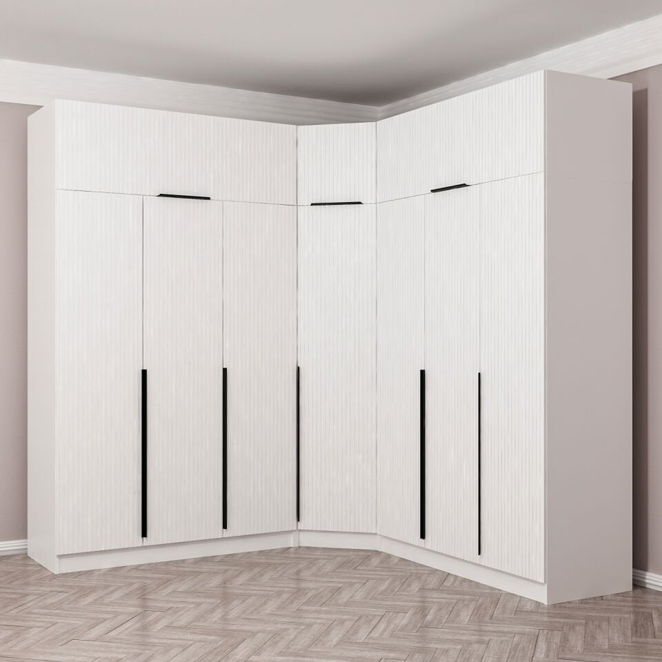 Kaleplus 7 Kapaklı 4 Çekmeceli Köşe Dolap + Yüklük Beyaz Mebran Beyaz Çizgili