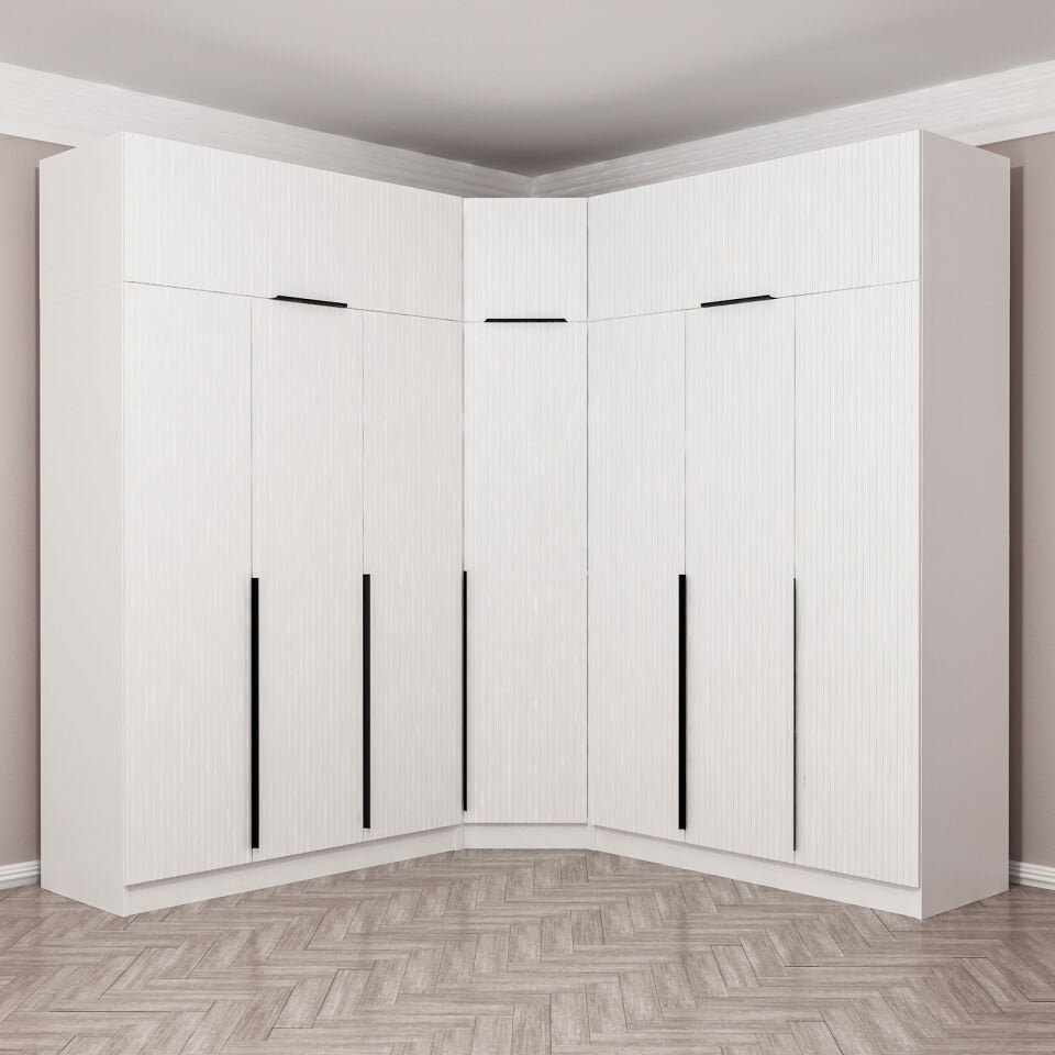 Kaleplus 7 Kapaklı 4 Çekmeceli Köşe Dolap + Yüklük Beyaz Mebran Beyaz Çizgili