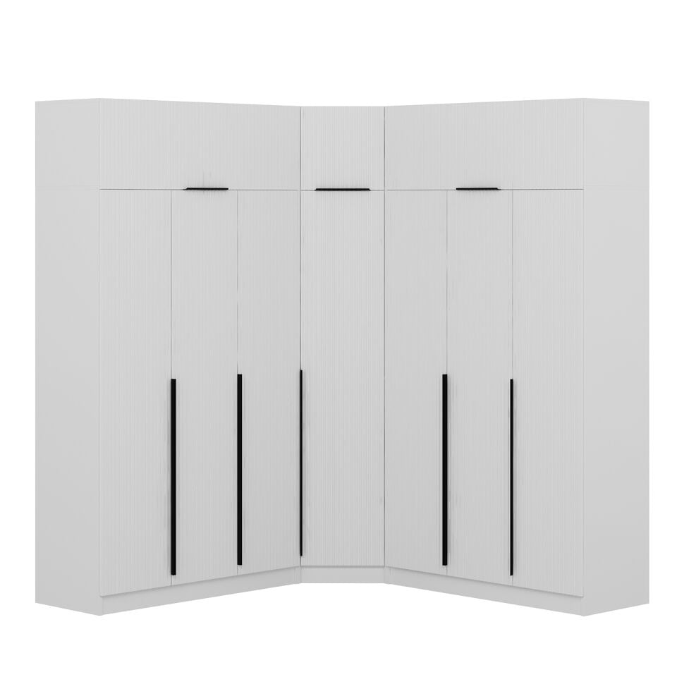 Kaleplus 7 Kapaklı 4 Çekmeceli Köşe Dolap + Yüklük Beyaz Mebran Beyaz Çizgili