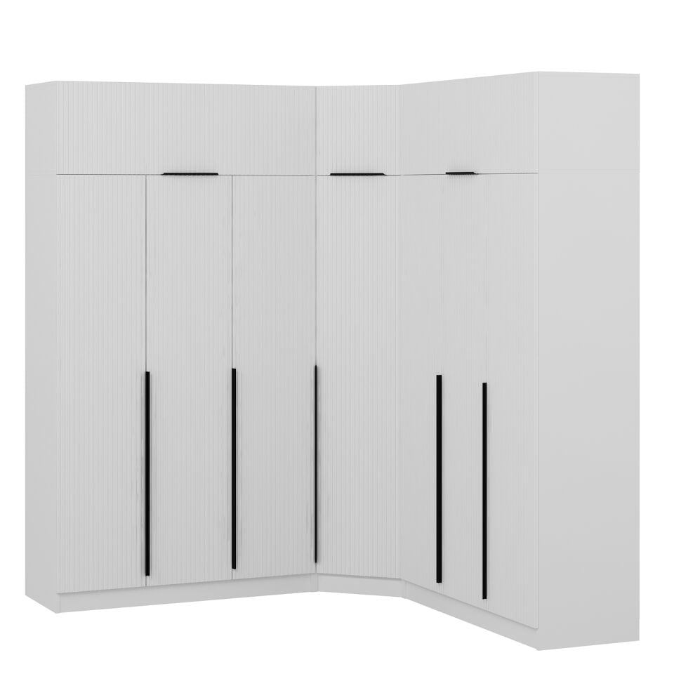 Kaleplus 7 Kapaklı 4 Çekmeceli Köşe Dolap + Yüklük Beyaz Mebran Beyaz Çizgili