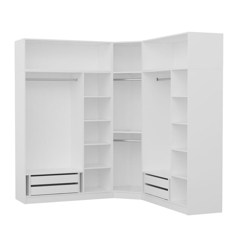 Kaleplus 7 Kapaklı 4 Çekmeceli Köşe Dolap + Yüklük Beyaz Mebran Beyaz Çizgili