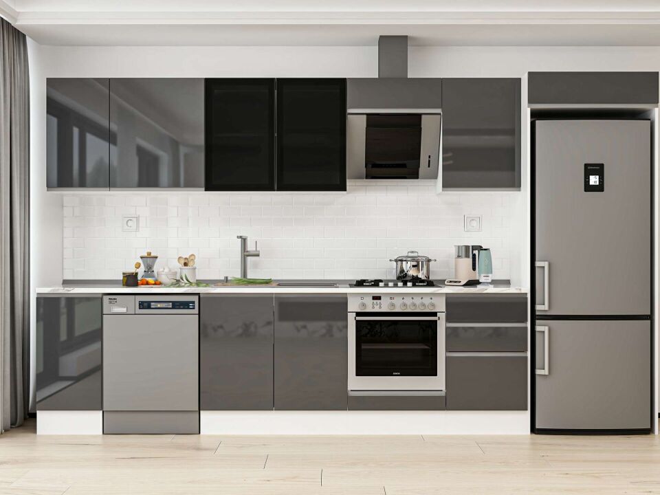 Alvinka 370X222 Cm High Gloss Mutfak Dolabı Mb-E80S40S50-3 High Gloss | Antrasit - Mdf