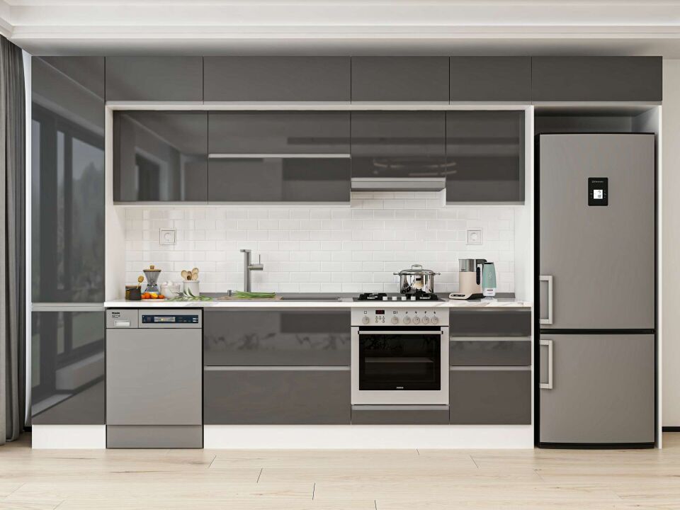 Alvinka 375X240 Cm High Gloss Mutfak Dolabı Mbb-E80B45S50-1 High Gloss | Antrasit - Mdf