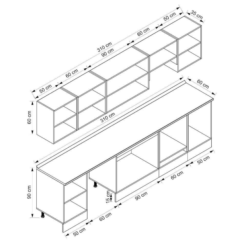 Alvinka 310X210 Cm Klasik Mebran Mutfak Dolabı M-E90S50S50-1 Mebran | Beyaz - Mdf