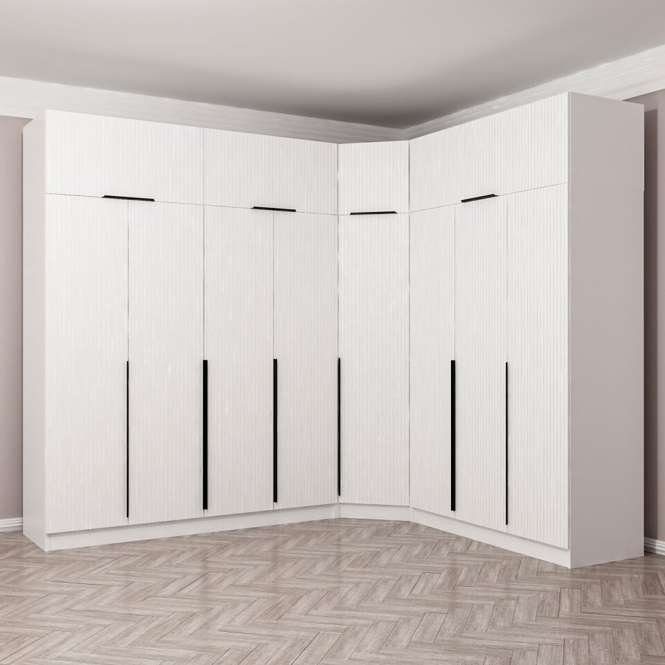 Kaleplus 8 Kapaklı 4 Çekmeceli Köşe Dolap + Yüklük Beyaz Mebran Beyaz Çizgili