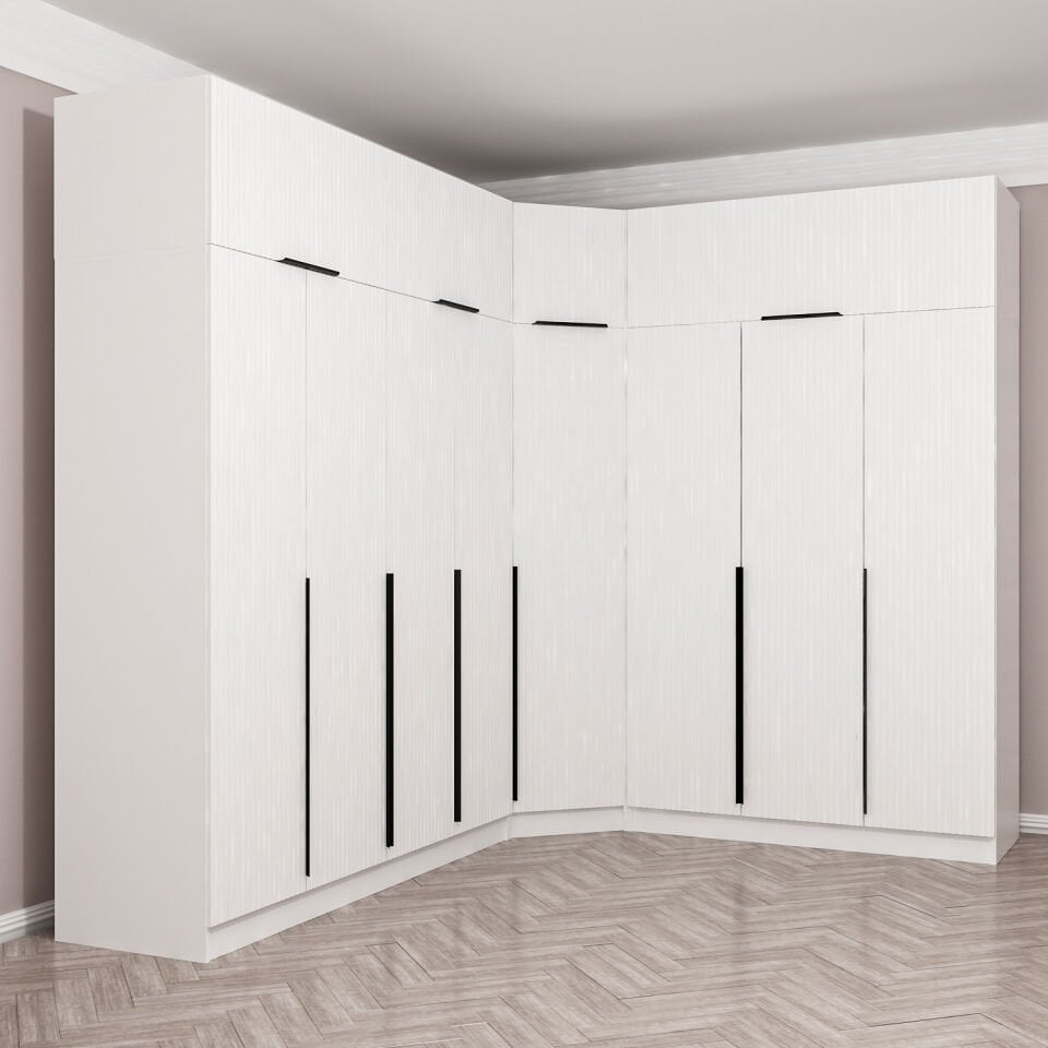 Kaleplus 8 Kapaklı 4 Çekmeceli Köşe Dolap + Yüklük Beyaz Mebran Beyaz Çizgili