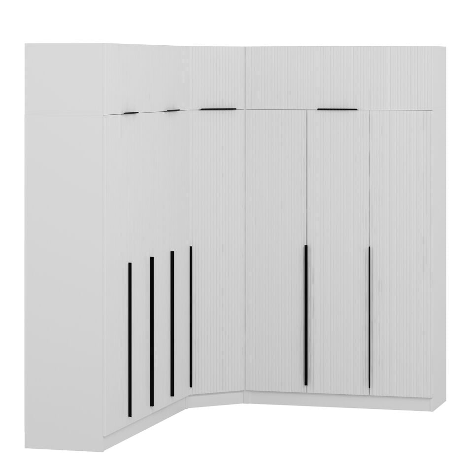 Kaleplus 8 Kapaklı 4 Çekmeceli Köşe Dolap + Yüklük Beyaz Mebran Beyaz Çizgili