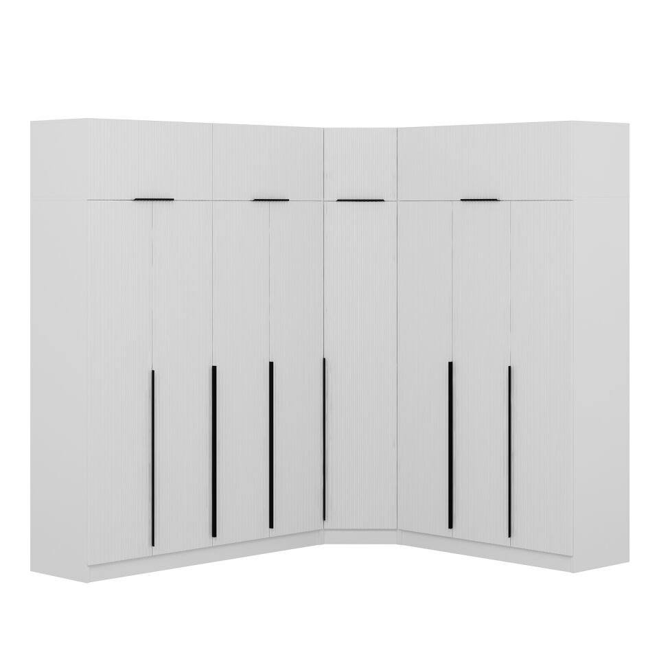 Kaleplus 8 Kapaklı 4 Çekmeceli Köşe Dolap + Yüklük Beyaz Mebran Beyaz Çizgili