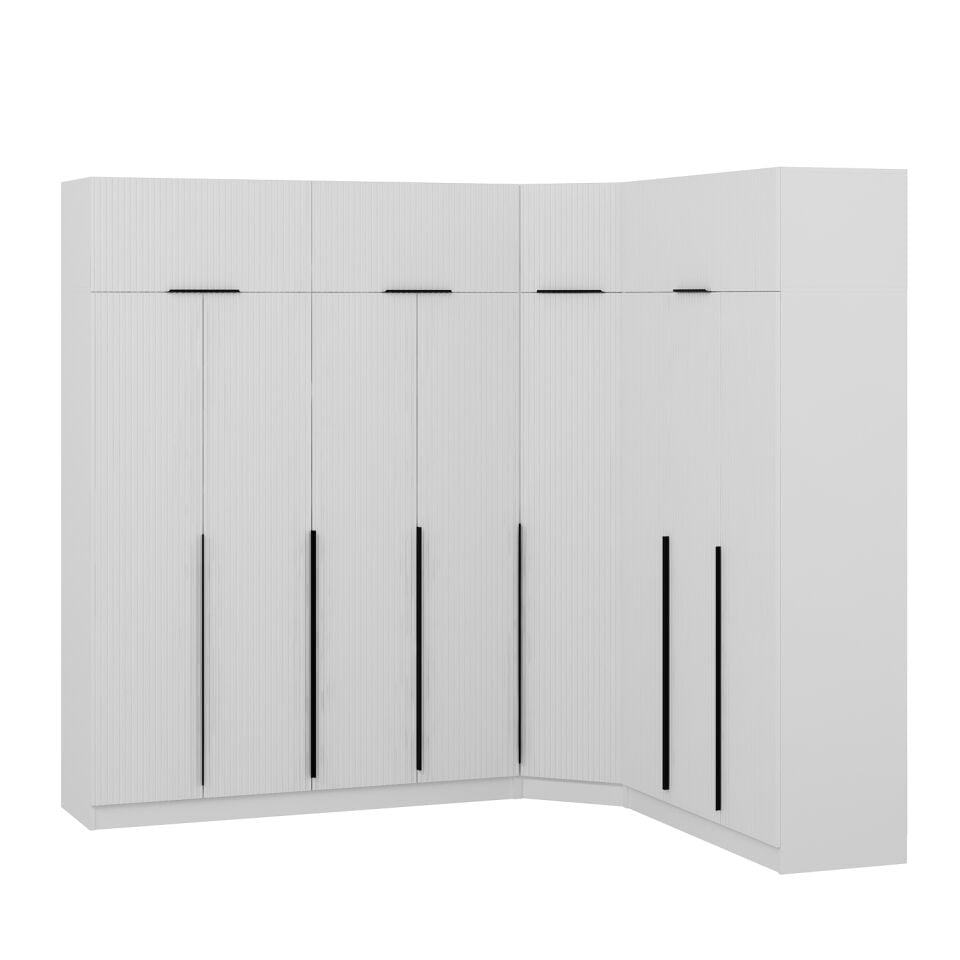 Kaleplus 8 Kapaklı 4 Çekmeceli Köşe Dolap + Yüklük Beyaz Mebran Beyaz Çizgili