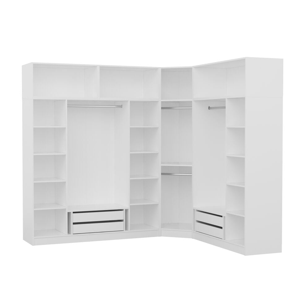 Kaleplus 8 Kapaklı 4 Çekmeceli Köşe Dolap + Yüklük Beyaz Mebran Beyaz Çizgili