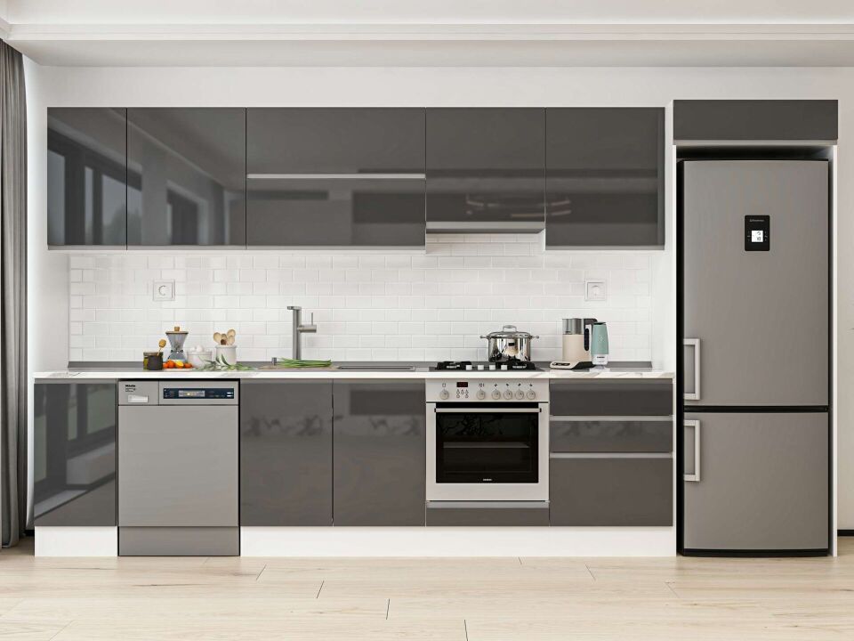 Alvinka 380X222 Cm High Gloss Mutfak Dolabı Mb-E80S40S60-1 High Gloss | Antrasit - Mdf