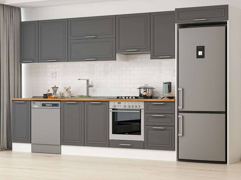 Alvinka 380X222 Cm Klasik Mebran Mutfak Dolabı Mb-E90S40S50-1 Mebran | Antrasit - Suntalam