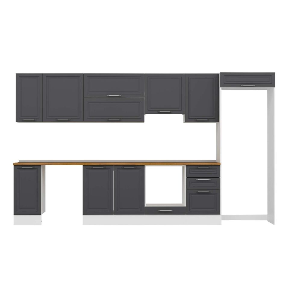 Alvinka 380X222 Cm Klasik Mebran Mutfak Dolabı Mb-E90S40S50-1 Mebran | Antrasit - Suntalam