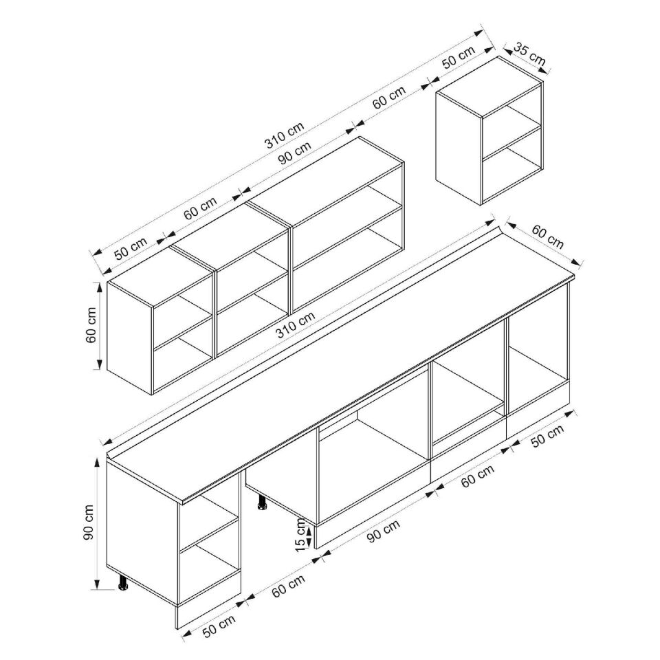 Alvinka 310X210 Cm Klasik Mebran Mutfak Dolabı M-E90S50S50-2 Mebran | Antrasit - Mdf