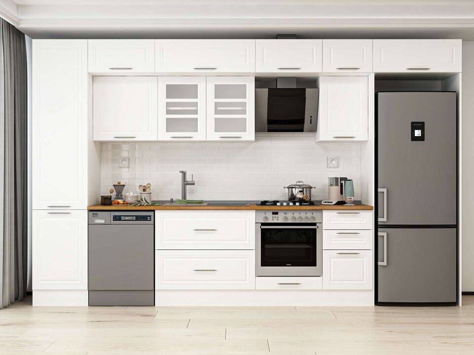 Alvinka 375X240 Cm Klasik Mebran Mutfak Dolabı Mbb-E80B50S45-3 Mebran | Beyaz - Mdf