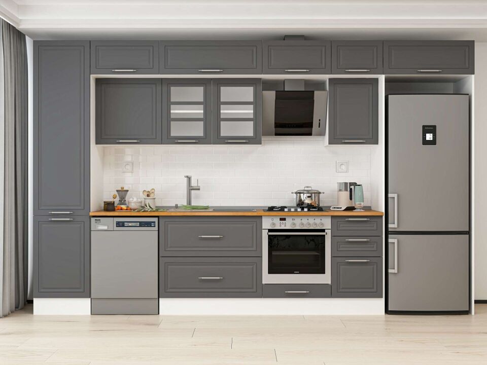 Alvinka 375X240 Cm Klasik Mebran Mutfak Dolabı Mbb-E80B50S45-3 Mebran | Antrasit - Mdf