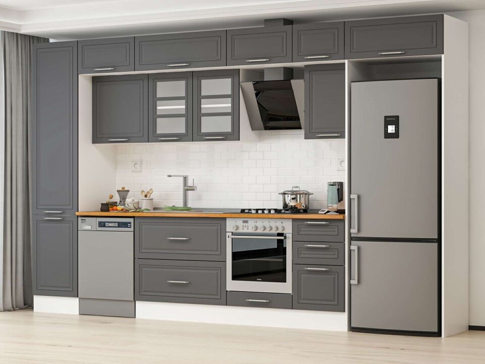 Alvinka 375X240 Cm Klasik Mebran Mutfak Dolabı Mbb-E80B50S45-3 Mebran | Antrasit - Mdf