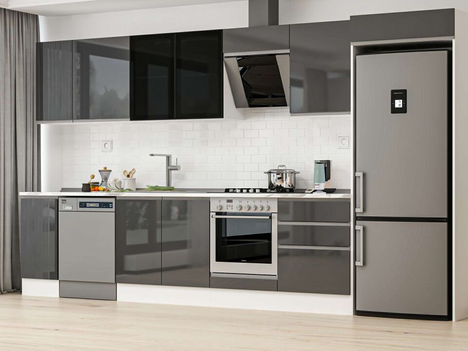 Alvinka 380X222 Cm High Gloss Mutfak Dolabı Mb-E80S40S60-3 High Gloss | Antrasit - Mdf