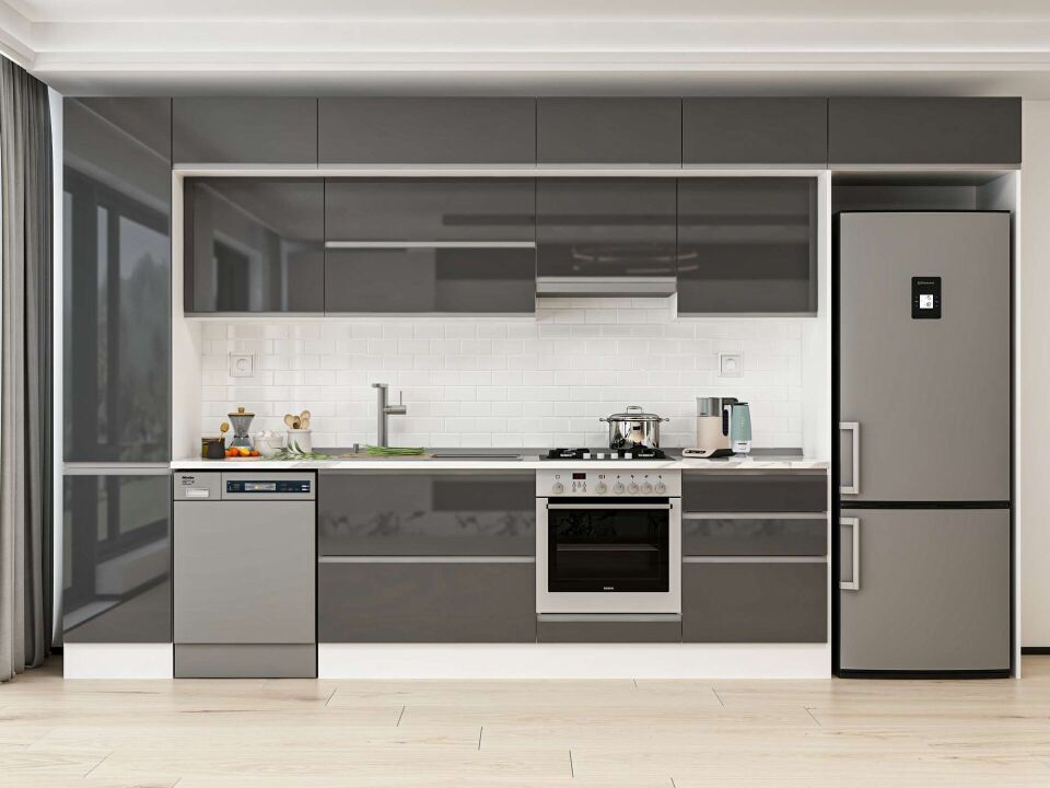 Alvinka 385X240 Cm High Gloss Mutfak Dolabı Mbb-E80B45S60-1 High Gloss | Antrasit - Mdf