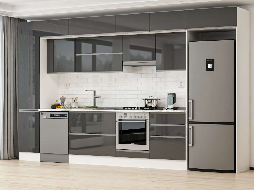 Alvinka 385X240 Cm High Gloss Mutfak Dolabı Mbb-E80B45S60-1 High Gloss | Antrasit - Mdf
