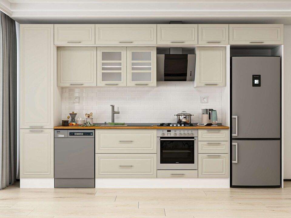 Alvinka 375X240 Cm Klasik Mebran Mutfak Dolabı Mbb-E80B50S45-3 Mebran | Kumtaşı - Mdf