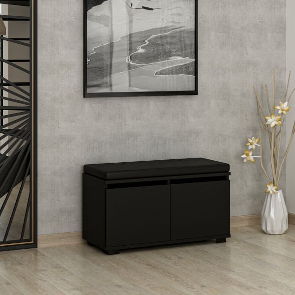 Minar Drago Oturaklı Ayakkabılık ve Puf - Siyah