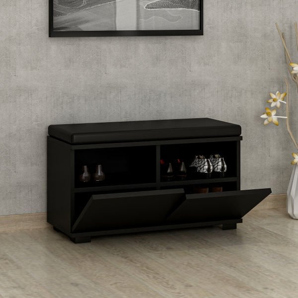 Minar Drago Oturaklı Ayakkabılık ve Puf - Siyah