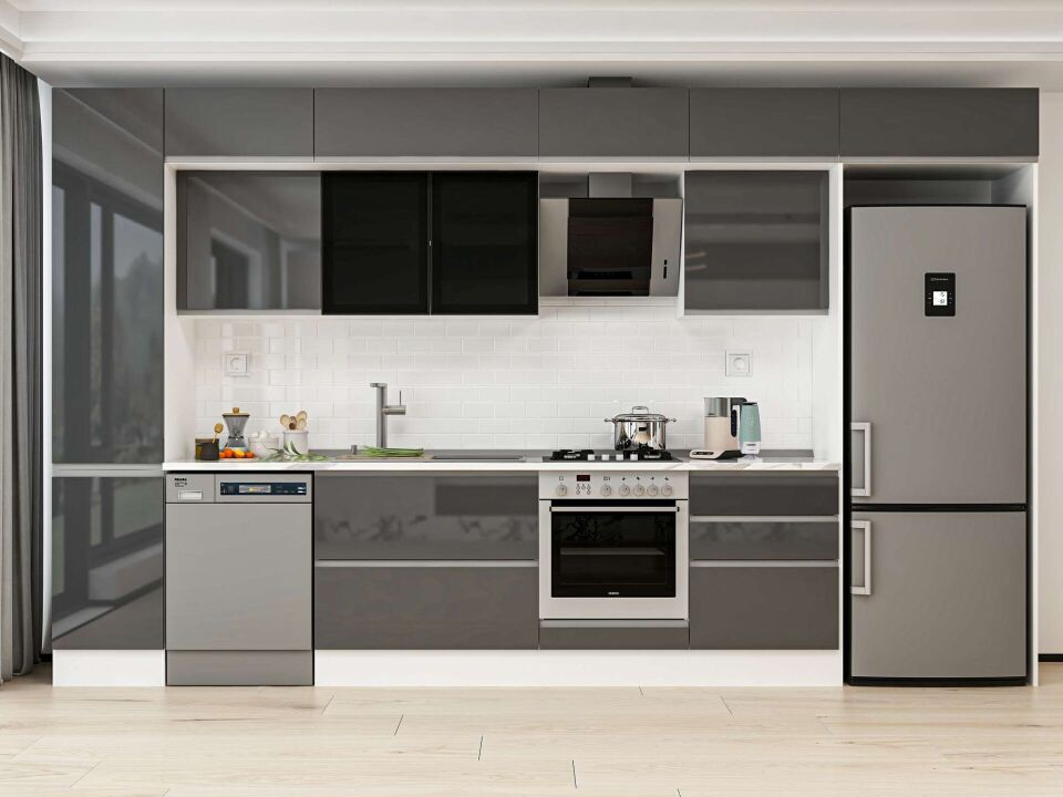 Alvinka 385X240 Cm High Gloss Mutfak Dolabı Mbb-E80B45S60-3 High Gloss | Antrasit - Mdf