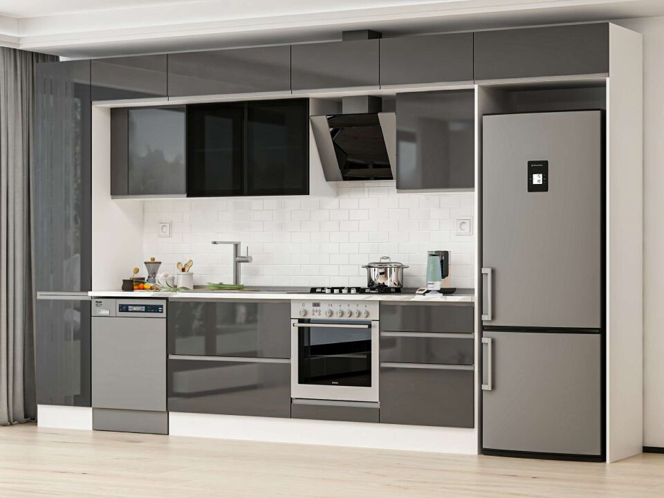 Alvinka 385X240 Cm High Gloss Mutfak Dolabı Mbb-E80B45S60-3 High Gloss | Antrasit - Mdf