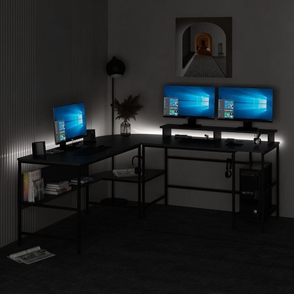 Minar Greta RGB Led Işıklı L Köşe Çalışma Masası - Antrasit