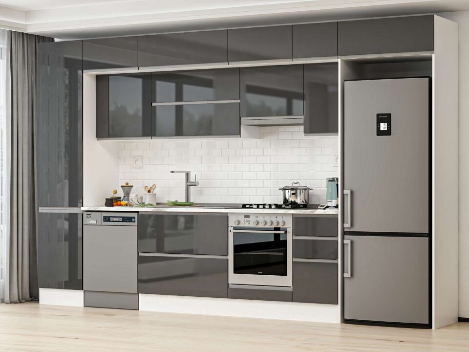 Alvinka 370X240 Cm High Gloss Mutfak Dolabı Mbb-E80B50S40-1 High Gloss | Antrasit - Suntalam