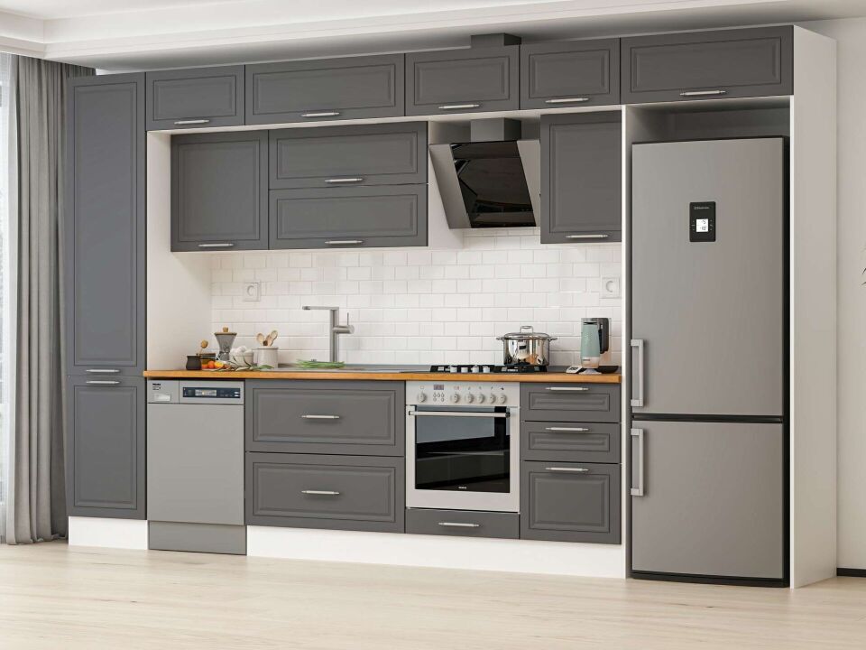 Alvinka 380X240 Cm Klasik Mebran Mutfak Dolabı Mbb-E80B50S50-2 Mebran | Antrasit - Mdf