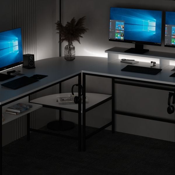 Minar Greta RGB Led Işıklı L Köşe Çalışma Masası - Beyaz