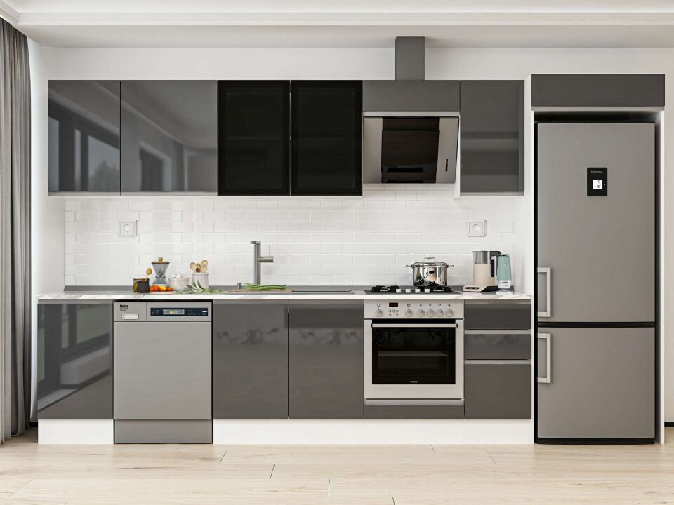 Alvinka 365X222 Cm High Gloss Mutfak Dolabı Mb-E80S45S40-3 High Gloss | Antrasit - Mdf