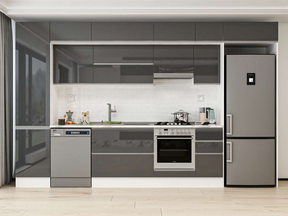 Alvinka 370X240 Cm High Gloss Mutfak Dolabı Mbb-E80B50S40-1 High Gloss | Antrasit - Mdf