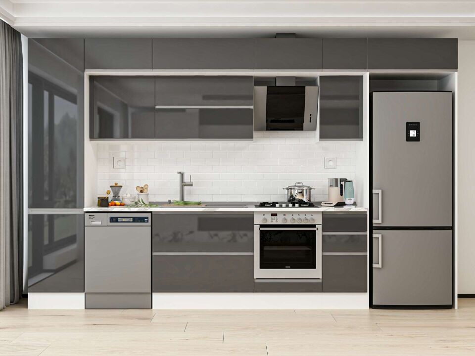 Alvinka 370X240 Cm High Gloss Mutfak Dolabı Mbb-E80B50S40-2 High Gloss | Antrasit - Mdf