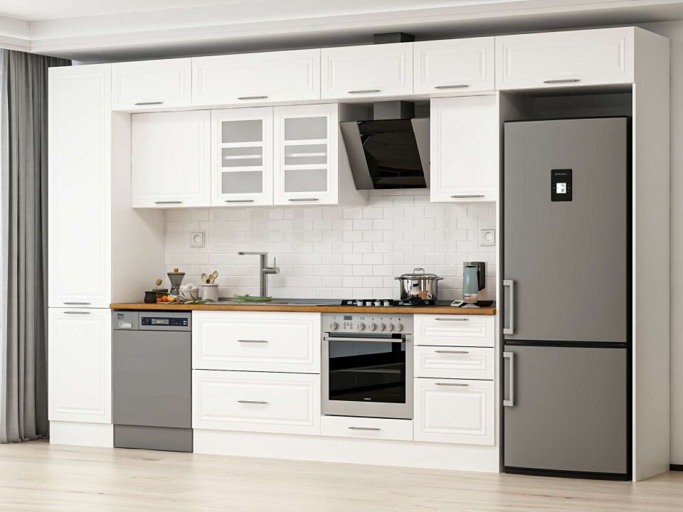 Alvinka 380X240 Cm Klasik Mebran Mutfak Dolabı Mbb-E80B50S50-3 Mebran | Beyaz - Mdf