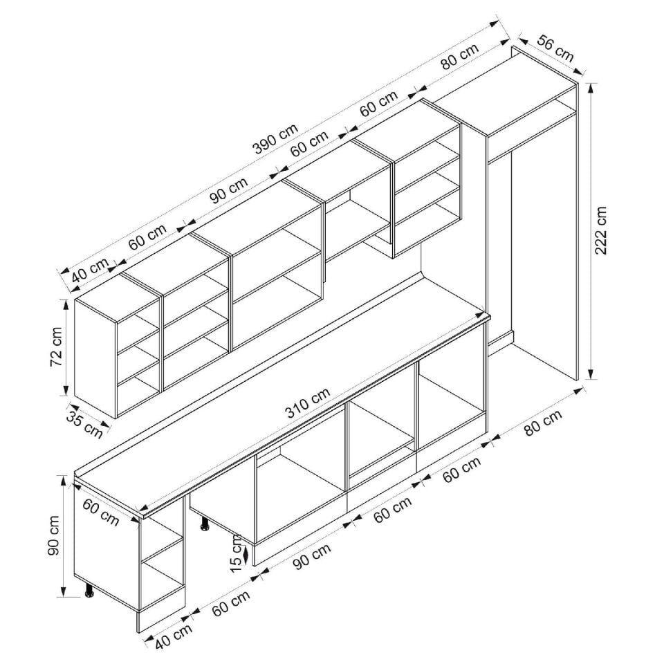 Alvinka 390X222 Cm Klasik Mebran Mutfak Dolabı Mb-E90S40S60-1 Mebran | Kumtaşı - Mdf