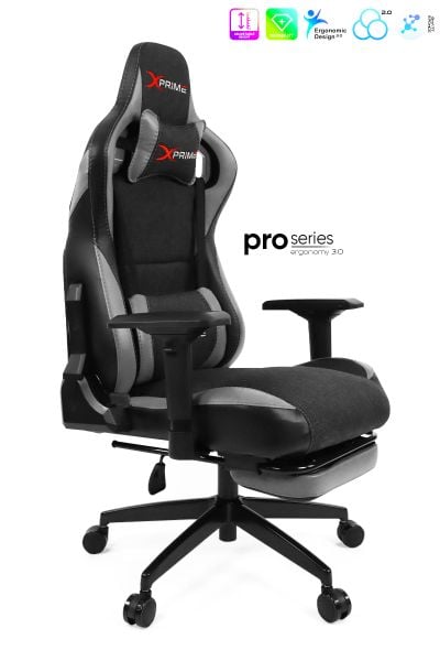 XPrime Over Pro. Oyuncu Koltuğu Hybrid Kumaş 4D Kolçak Ayak Uzatmalı Gri