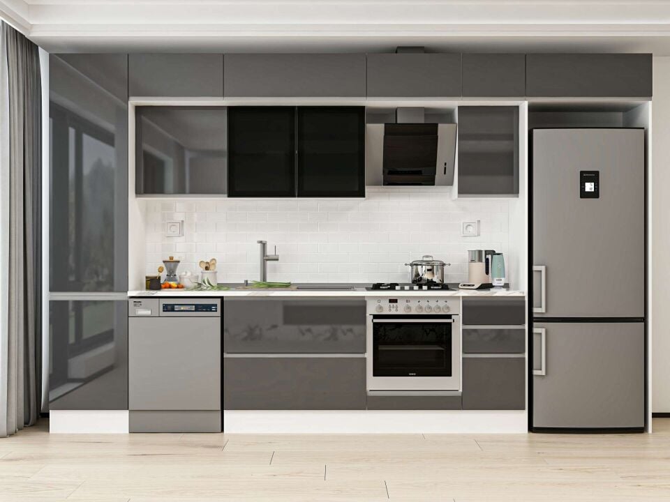 Alvinka 370X240 Cm High Gloss Mutfak Dolabı Mbb-E80B50S40-3 High Gloss | Antrasit - Mdf