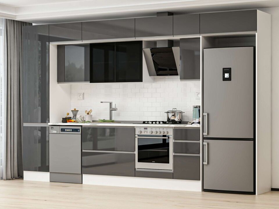 Alvinka 370X240 Cm High Gloss Mutfak Dolabı Mbb-E80B50S40-3 High Gloss | Antrasit - Mdf