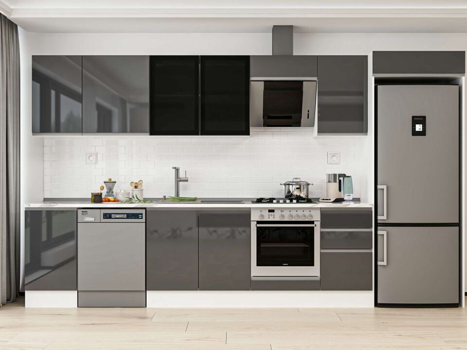 Alvinka 370X222 Cm High Gloss Mutfak Dolabı Mb-E80S45S45-3 High Gloss | Antrasit - Mdf